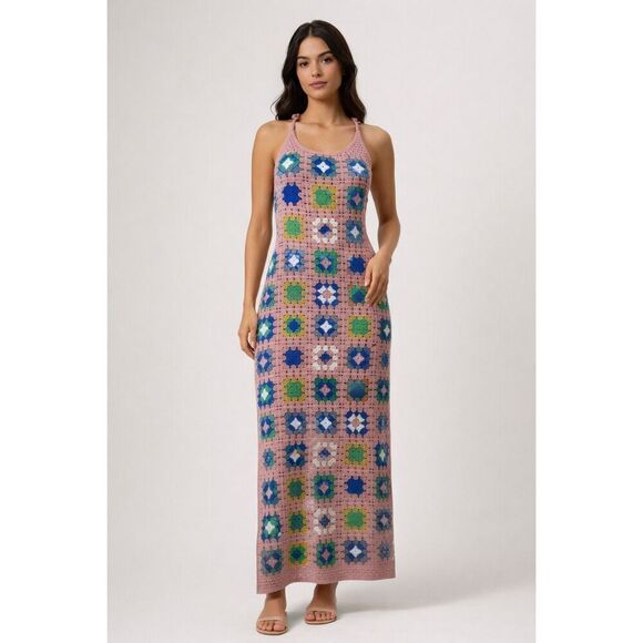 Forever 21 Dresses & Skirts - Forever 21 Crochet Granny Square Maxi Dress Pink Boho Festival Small
